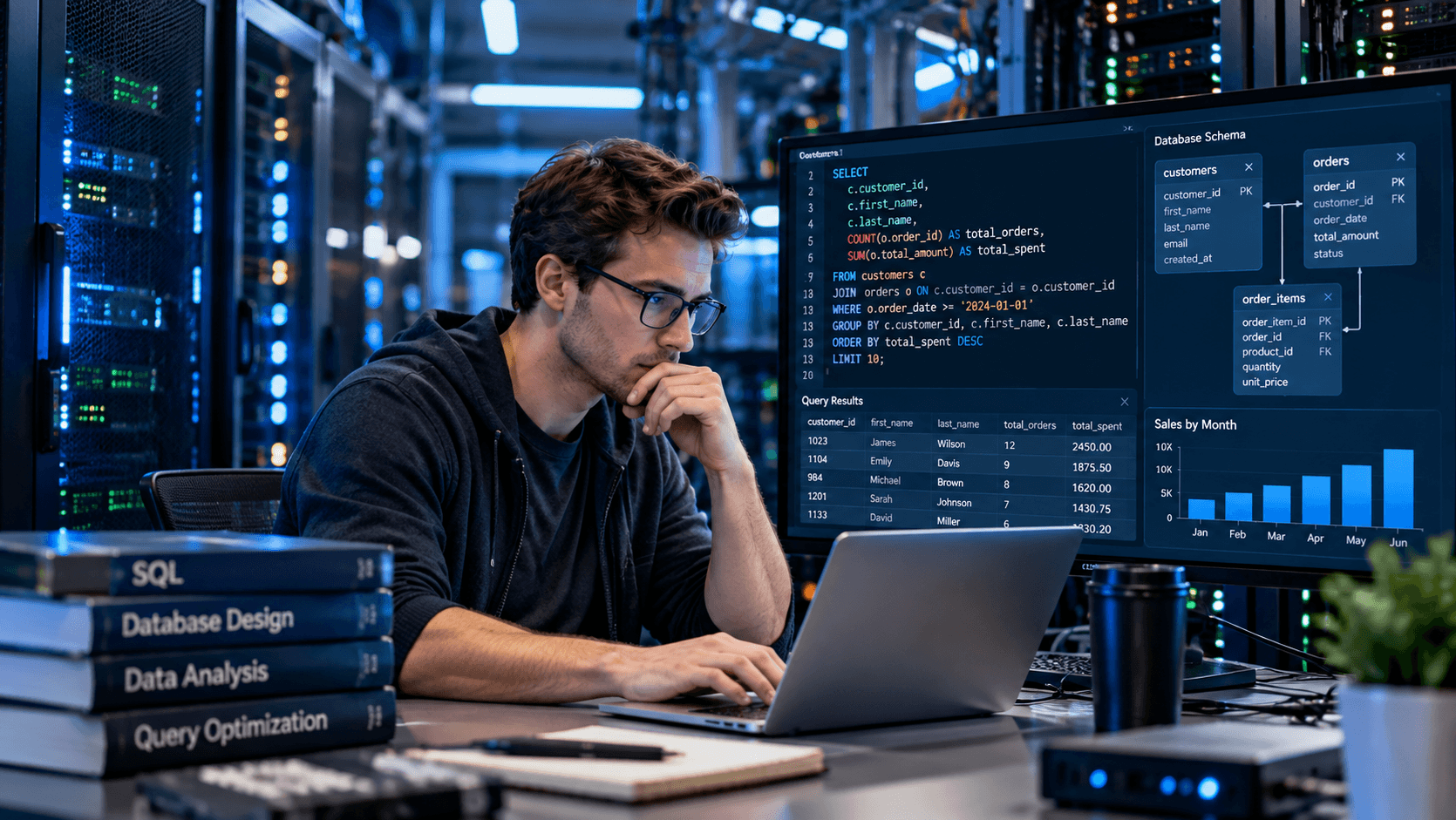 Focused SQL Engineer in a Blue-Lit Data Center